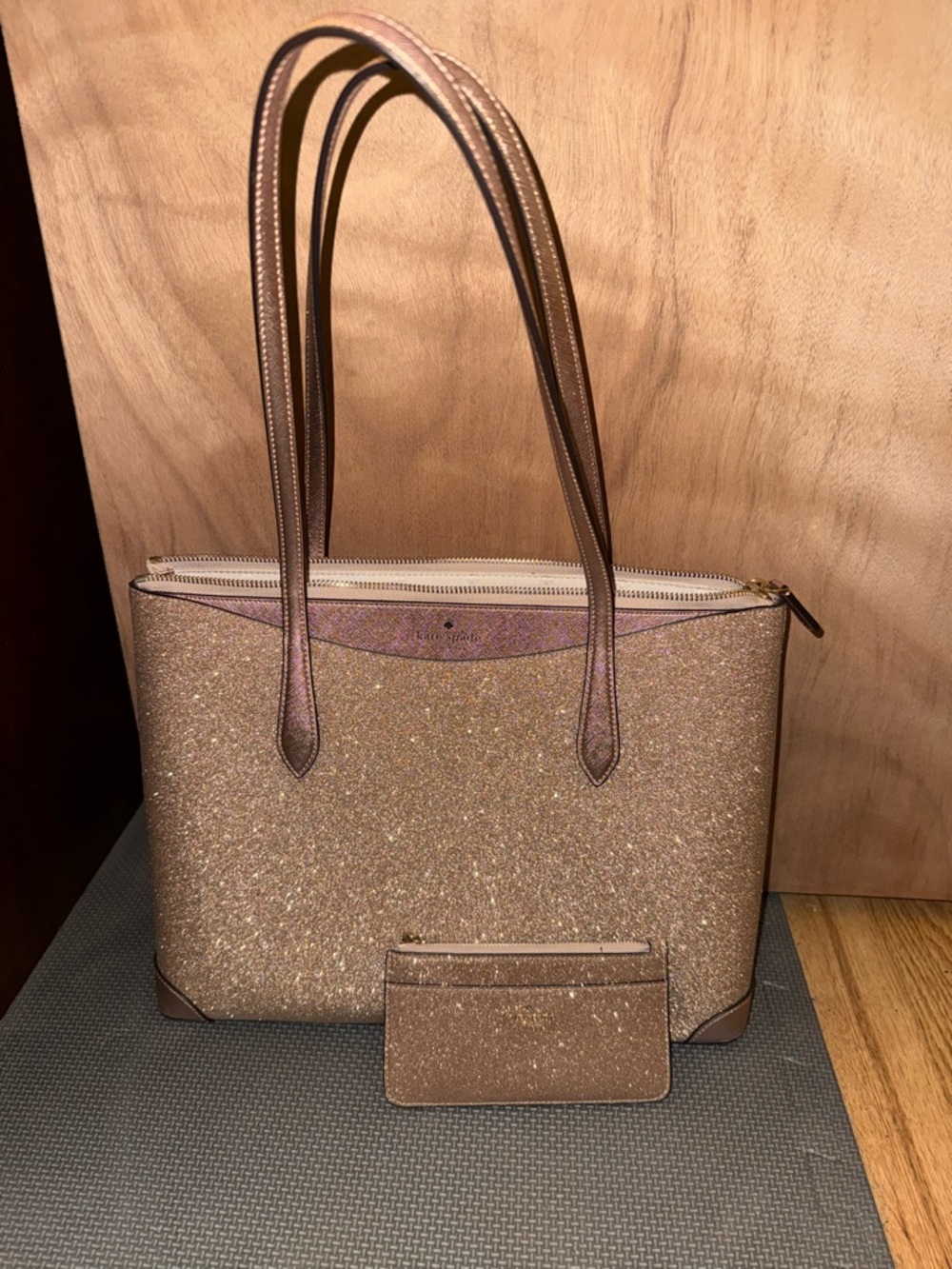kate spade Rose Gold Glitter Tote with Matching Card Pouch